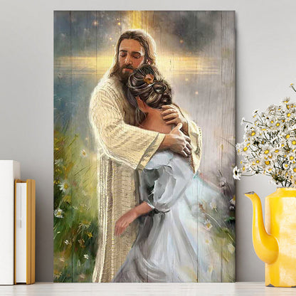 In The Arms Of God Canvas - Jesus Hug Daisy Field Canvas Art - Bible Verse Wall Art - Christian Inspirational Wall Decor