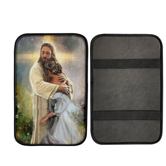 In The Arms Of God Car Armrest Pad - Jesus Hug Daisy Field Car Center Console Cover, Christ Car Armrest Accessories