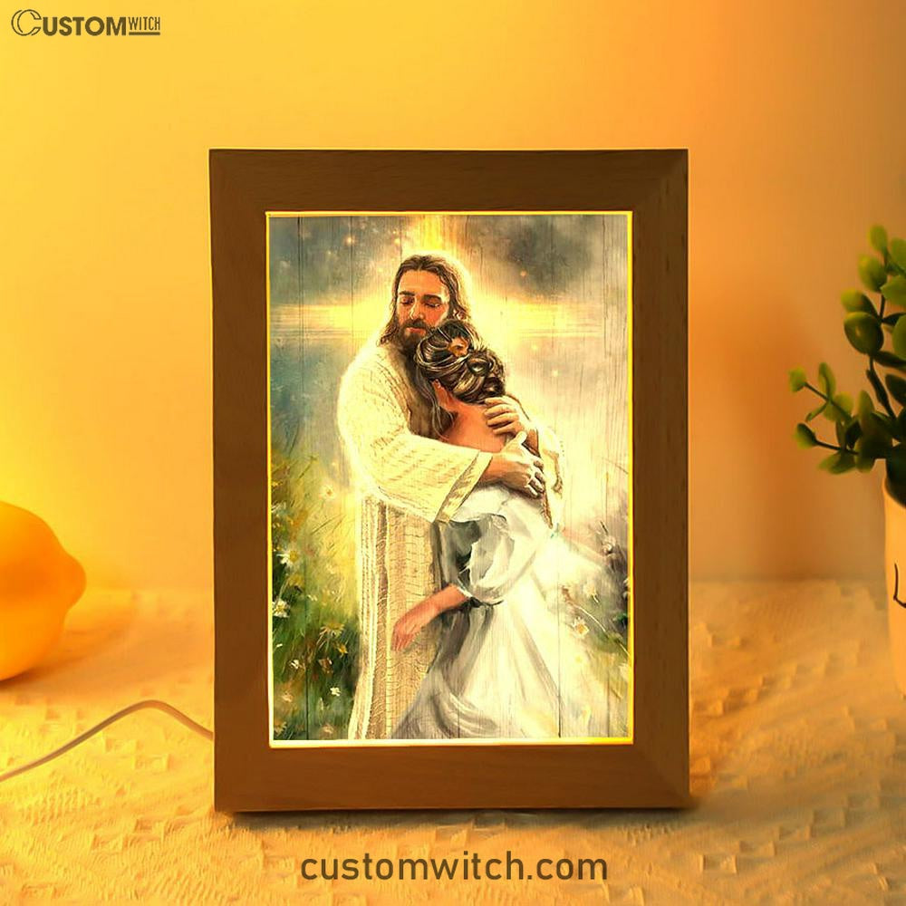 In The Arms Of God Frame Lamp - Jesus Hug Daisy Field Frame Lamp Art - Bible Verse Art - Christian Inspirational Decor
