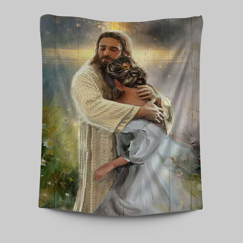 In The Arms Of God Tapestry - Jesus Hug Daisy Field Tapestry Art - Bib ...