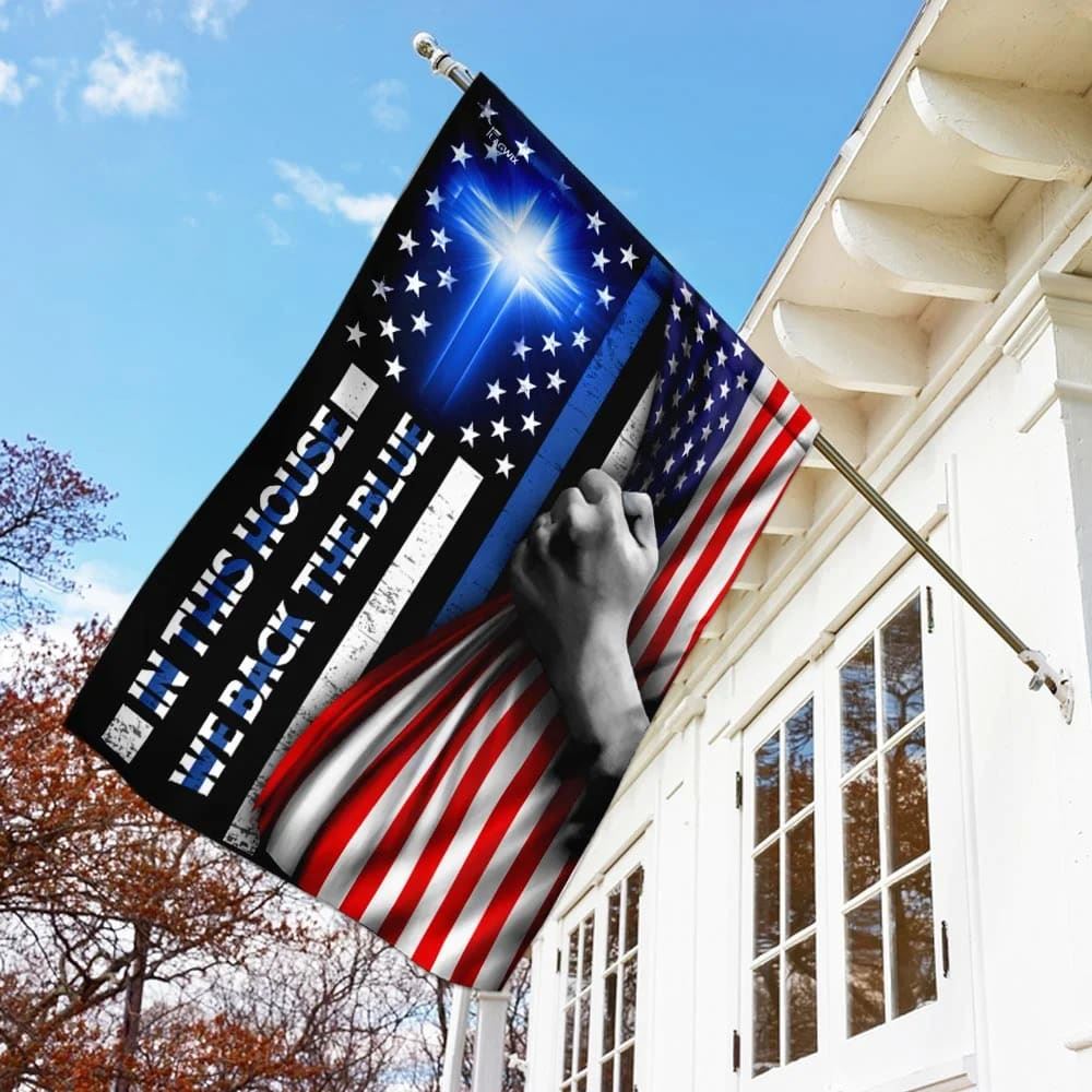 In This House We Back The Blue Christian Cross Flag, Outdoor Christian House Flag, Christian Flag, Scripture Flag, Garden Banner