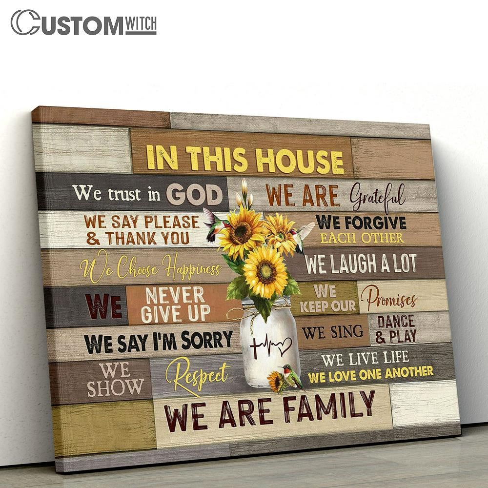 In This House We Trust In God Sunflower Hummingbird Canvas Art - Bible Verse Wall Art - Wall Decor Christian