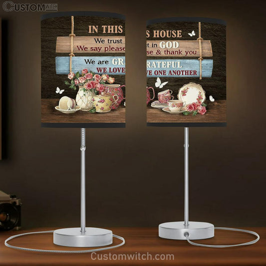 In This House We Trust In God Tea Cup White Butterfly Table Lamb Art - Bible Verse Lamb Gift - Christian Bedroom Decor