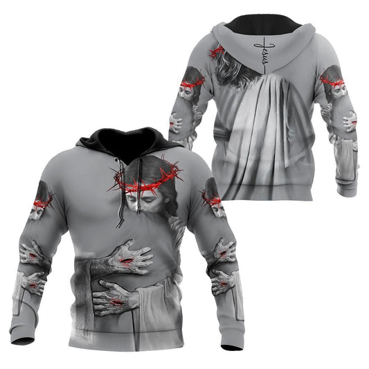 In the Arms Of Lord Grey Tone God 3D Hoodie For Man And Women, Jesus Printed 3D Hoodie
