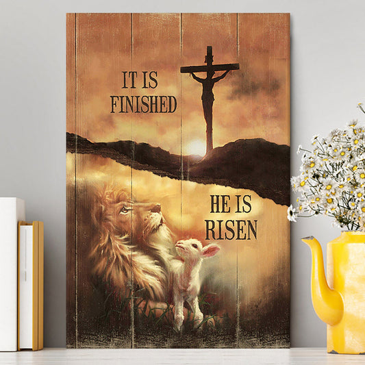 It Is Finish He Is Risen Canvas - Lion And Lamb Of God Cross Canvas Art - Bible Verse Wall Art - Christian Inspirational Wall Decor