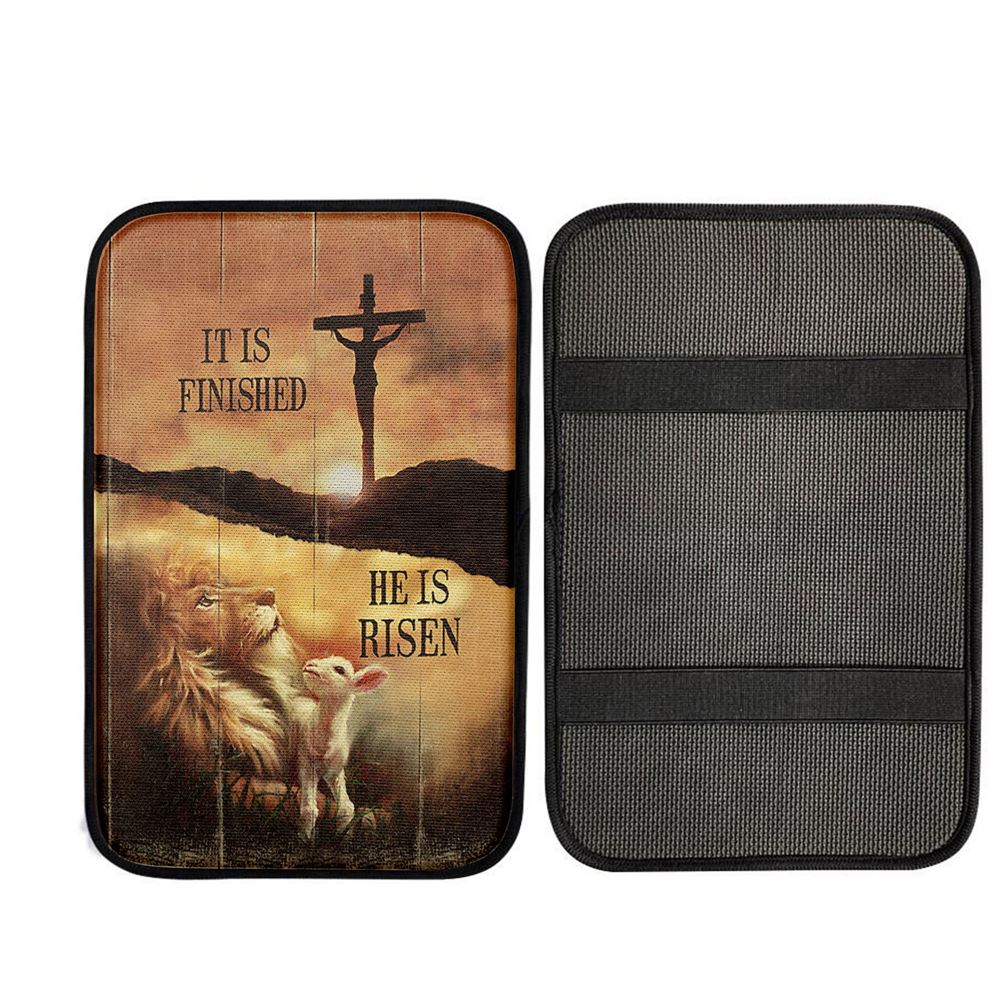 It Is Finish He Is Risen Car Armrest Pad - Lion And Lamb Of God Cross Car Center Console Cover, Christ Car Armrest Accessories