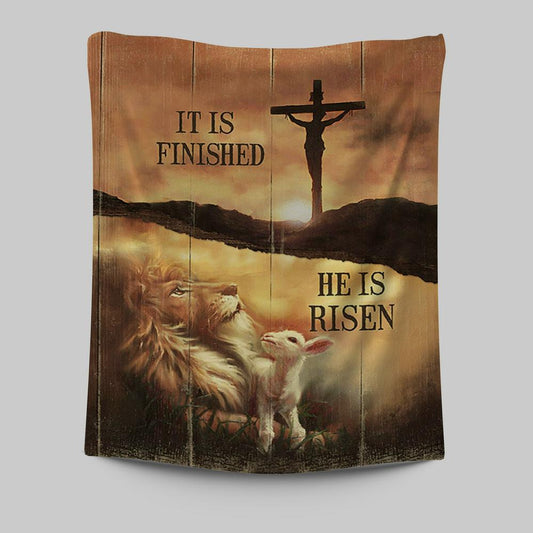 It Is Finish He Is Risen Tapestry - Lion And Lamb Of God Cross Tapestry Art - Bible Verse Wall Art - Christian Inspirational Wall Decor