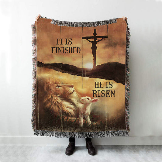 It Is Finish He Is Risen Woven Blanket - Lion And Lamb Of God Cross Woven Blanket Art - Bible Verse Throw Blanket - Christian Inspirational Boho Blanket