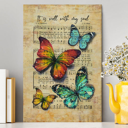 It Is Well With My Soul Canvas - Brilliant Butterfly Antique Music Sheet Canvas Art - Bible Verse Wall Art - Christian Inspirational Wall Decor