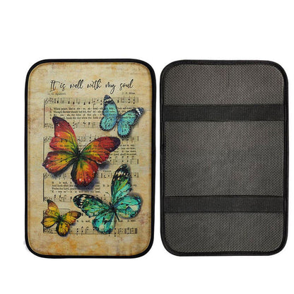 It Is Well With My Soul Car Armrest Pad - Brilliant Butterfly Antique Music Sheet Car Center Console Cover, Christ Car Armrest Accessories
