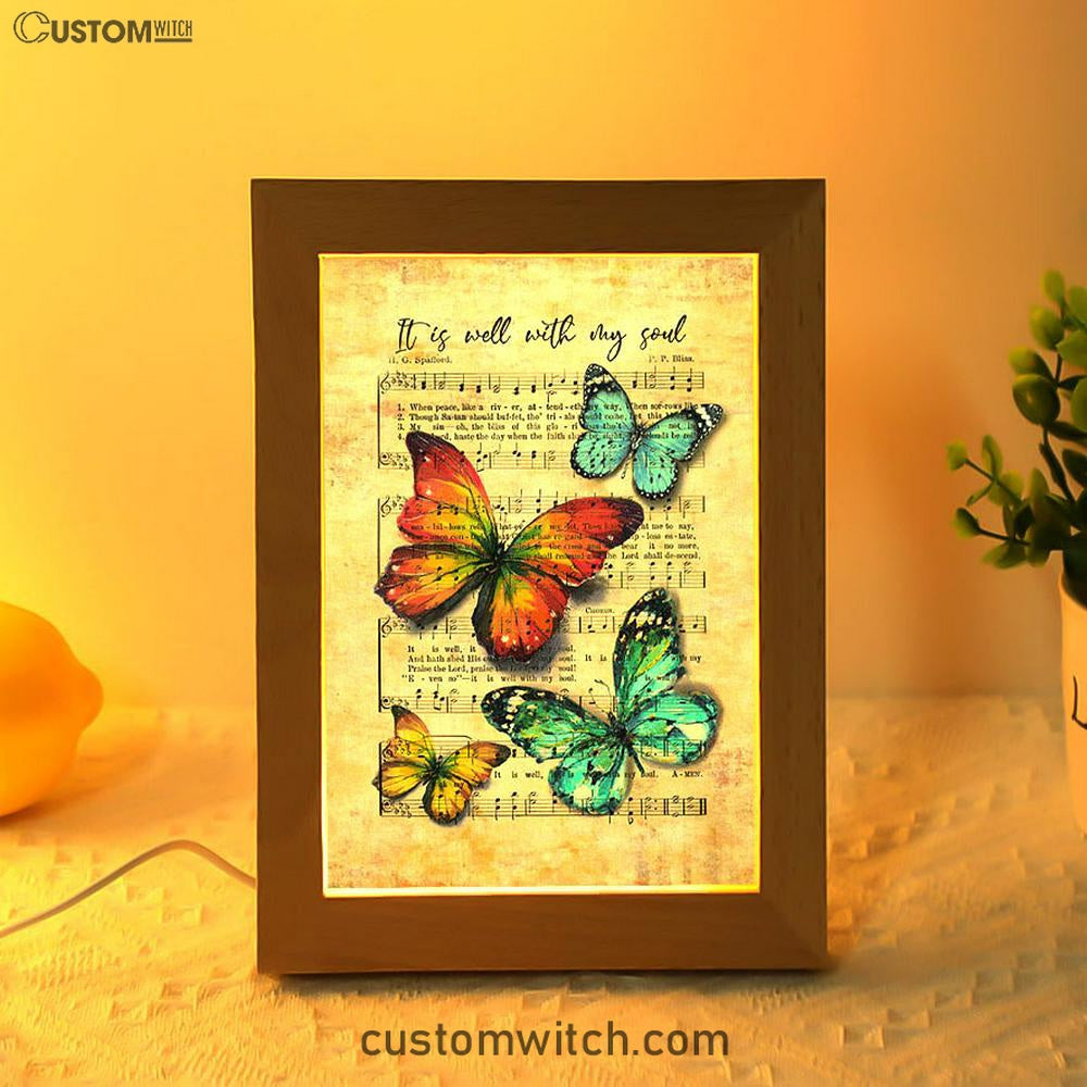 It Is Well With My Soul Frame Lamp - Brilliant Butterfly Antique Music Sheet Frame Lamp Art - Bible Verse Art - Christian Inspirational Decor