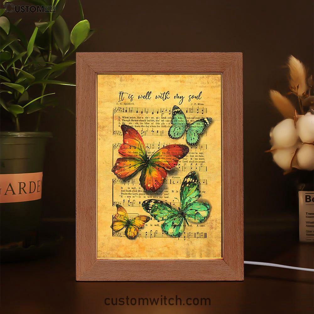 It Is Well With My Soul Frame Lamp - Brilliant Butterfly Antique Music Sheet Frame Lamp Art - Bible Verse Art - Christian Inspirational Decor