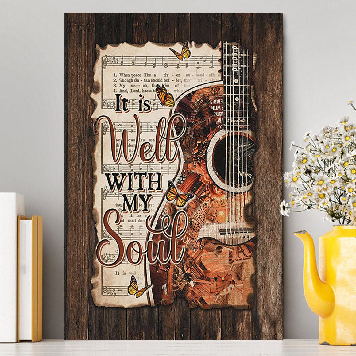 It Is Well With My Soul Guitar Monarch Butterfly Music Sheet Canvas Wall Art - Christian Canvas Prints - Bible Verse Canvas Art