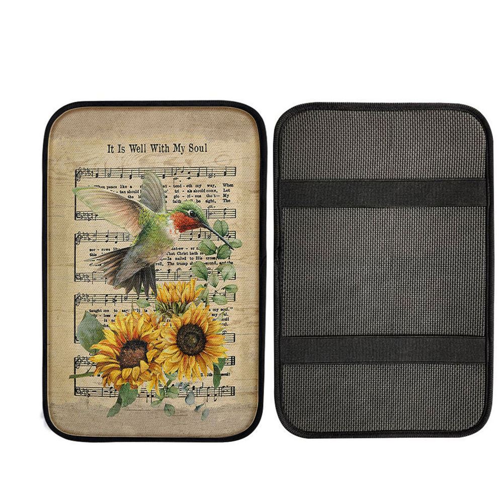 It Is Well With My Soul Hummingbird Sunflower Music Sheet Car Center Console Cover, Christ Car Armrest Accessories