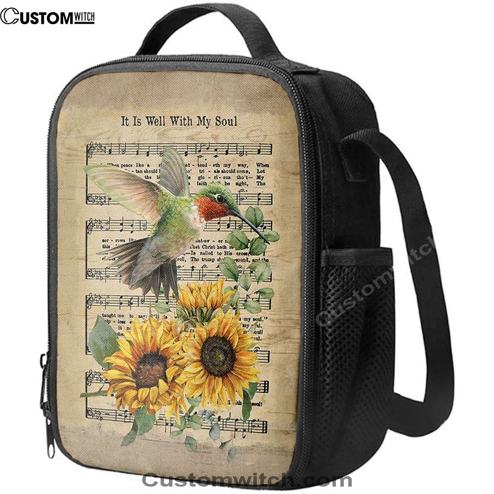 It Is Well With My Soul Hummingbird Sunflower Music Sheet Lunch Bag, Christian Lunch Bag, Religious Lunch Box For School, Picnic