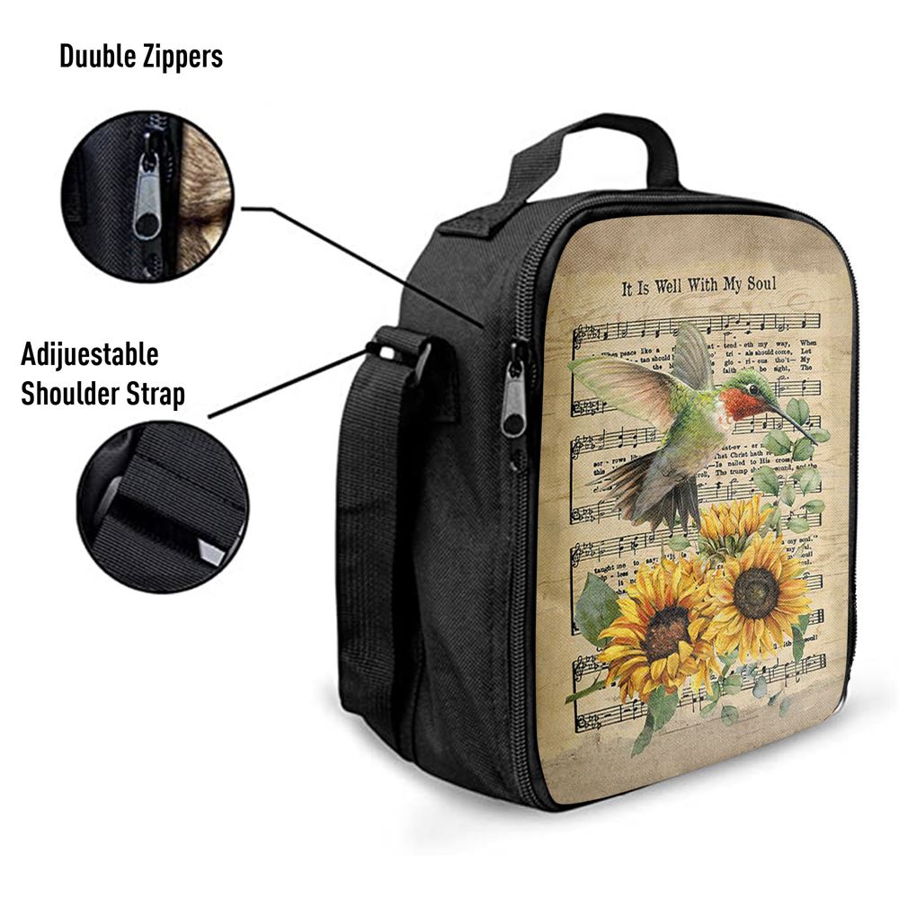 It Is Well With My Soul Hummingbird Sunflower Music Sheet Lunch Bag, Christian Lunch Bag, Religious Lunch Box For School, Picnic