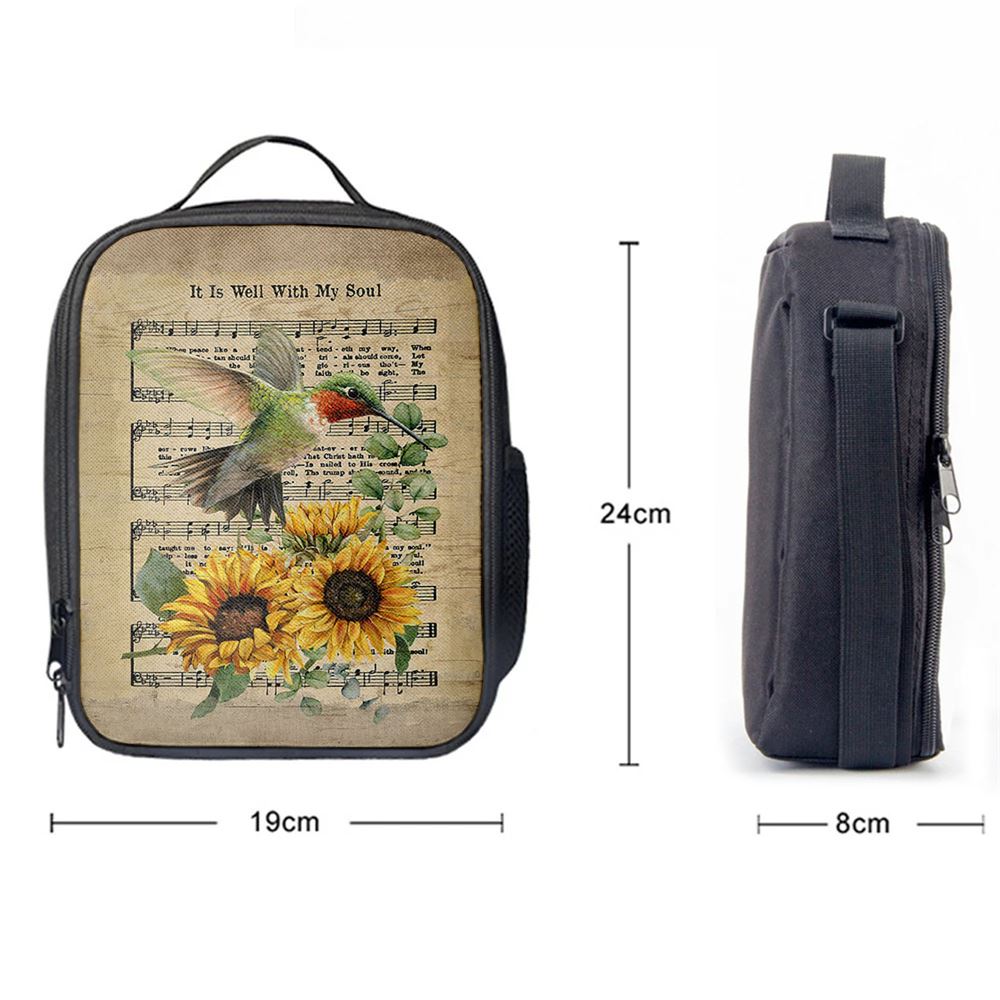 It Is Well With My Soul Hummingbird Sunflower Music Sheet Lunch Bag, Christian Lunch Bag, Religious Lunch Box For School, Picnic