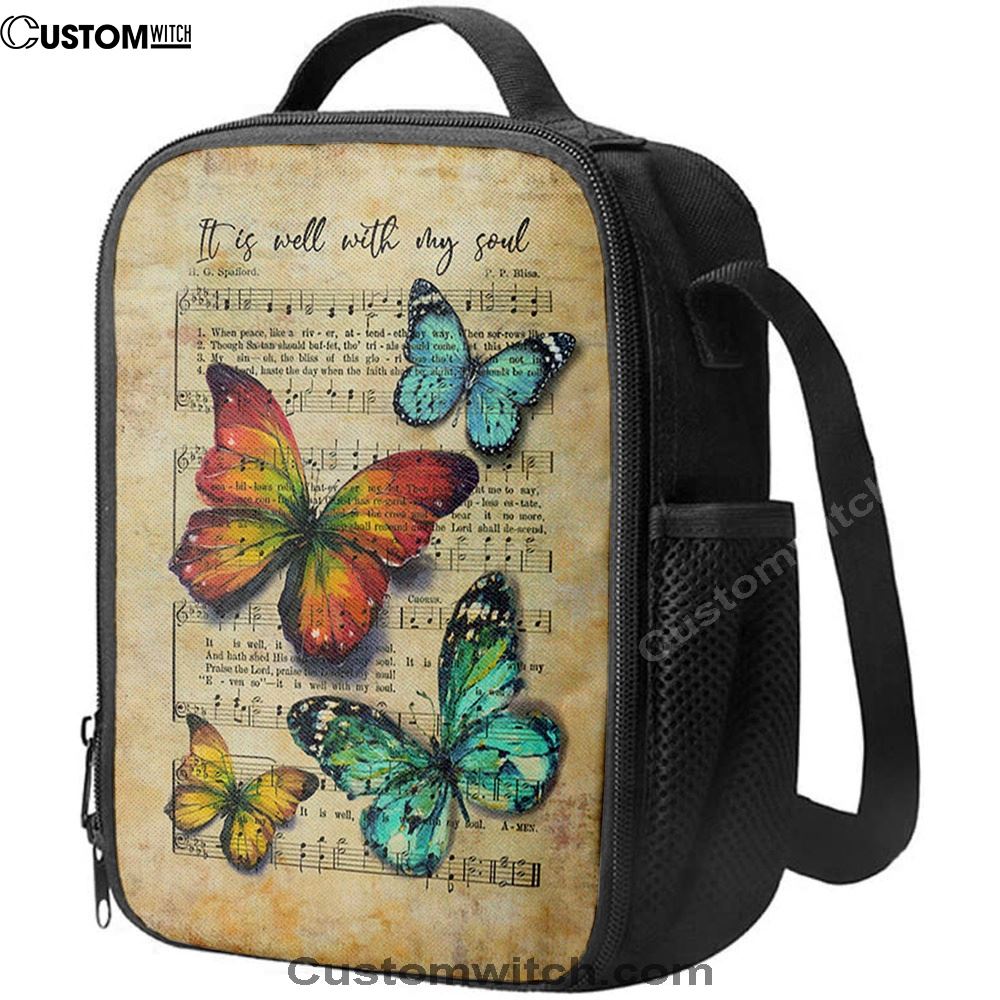 It Is Well With My Soul Lunch Bag, Brilliant Butterfly Antique Music Sheet Lunch Bag, Christian Lunch Bag, Religious Lunch Box For School, Picnic