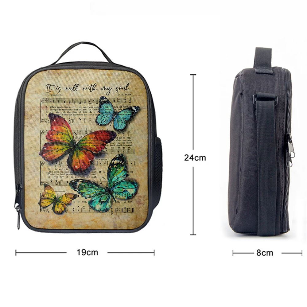 It Is Well With My Soul Lunch Bag, Brilliant Butterfly Antique Music Sheet Lunch Bag, Christian Lunch Bag, Religious Lunch Box For School, Picnic