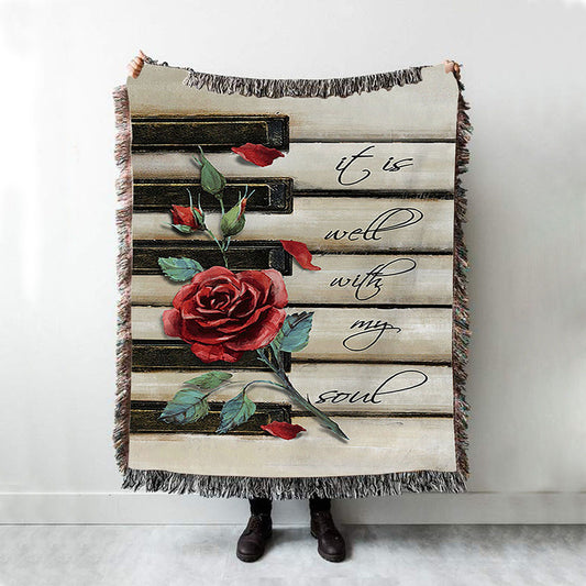 It Is Well With My Soul Red Rose Piano Woven Blanket Art - Bible Verse Throw Blanket - Christian Inspirational Boho Blanket