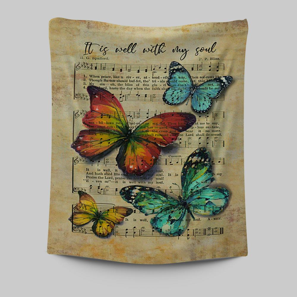 It Is Well With My Soul Tapestry - Brilliant Butterfly Antique Music Sheet Tapestry Art - Bible Verse Wall Art - Christian Inspirational Wall Decor