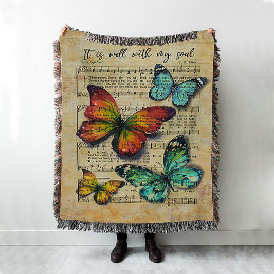 It Is Well With My Soul Woven Blanket - Brilliant Butterfly Antique Music Sheet Woven Blanket Art - Bible Verse Throw Blanket - Christian Inspirational Boho Blanket