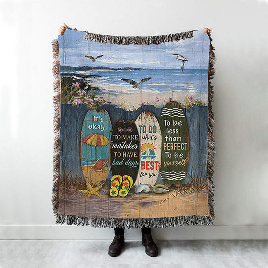 It's Okay To Make Mistakes Beach Scene Gulls Seagulls Starfish Woven Throw Blanket - Christian Woven Blanket Prints - Bible Verse Woven Blanket Art