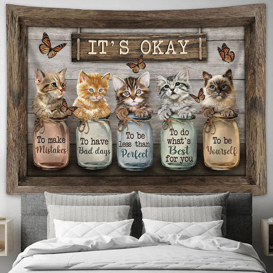It's Okay To Make Mistakes Lovely Cat Butterfly Bottle Tapestry Painting - Christian Wall Art - Gifts For Cat Lovers