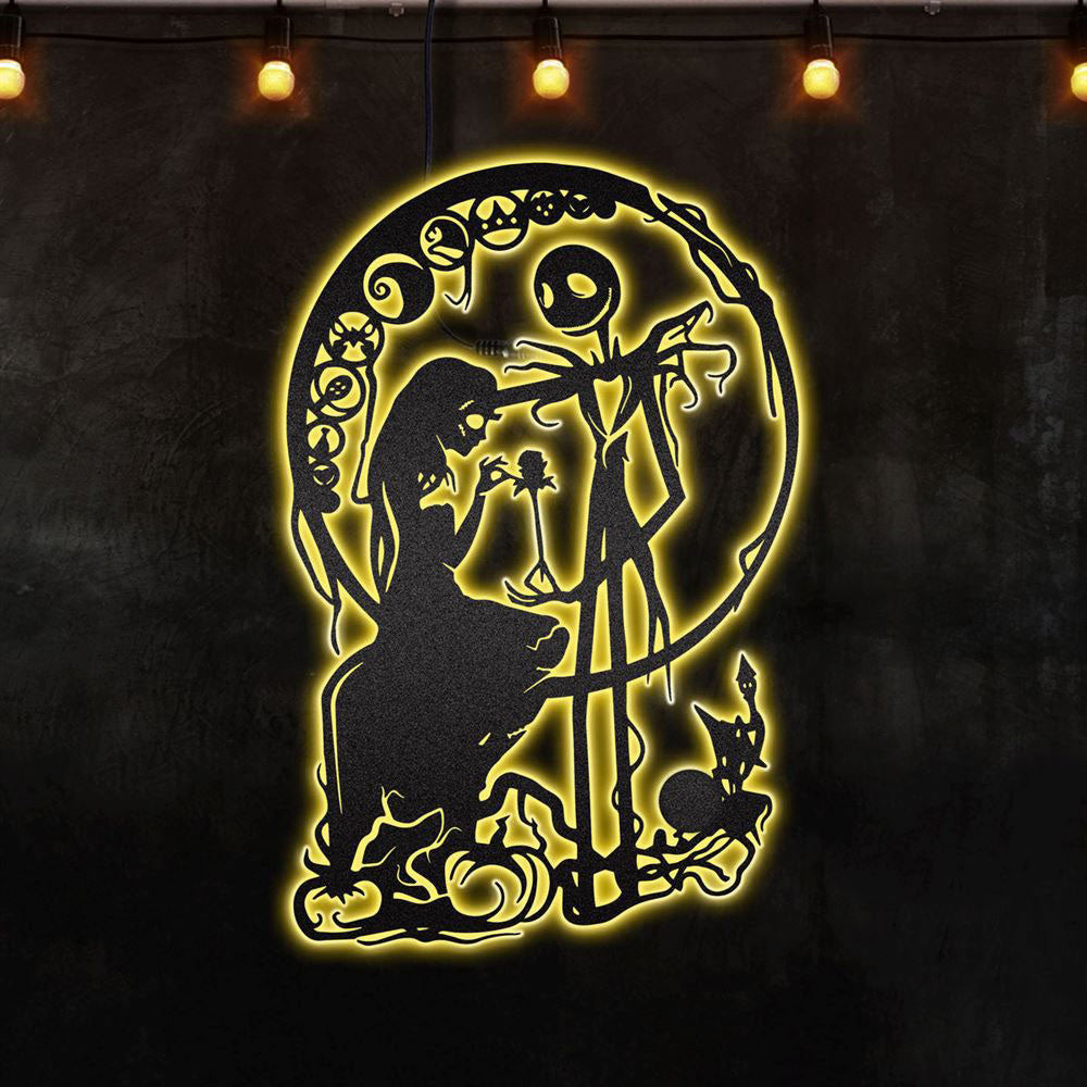 Jack and Sally Nightmare Before Christmas Afcultures RGB Led Lights Metal Wall Art, Christmas Home Decor Sign, Christmas Outdoor Metal Sign