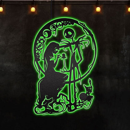Jack and Sally Nightmare Before Christmas Afcultures RGB Led Lights Metal Wall Art, Christmas Home Decor Sign, Christmas Outdoor Metal Sign