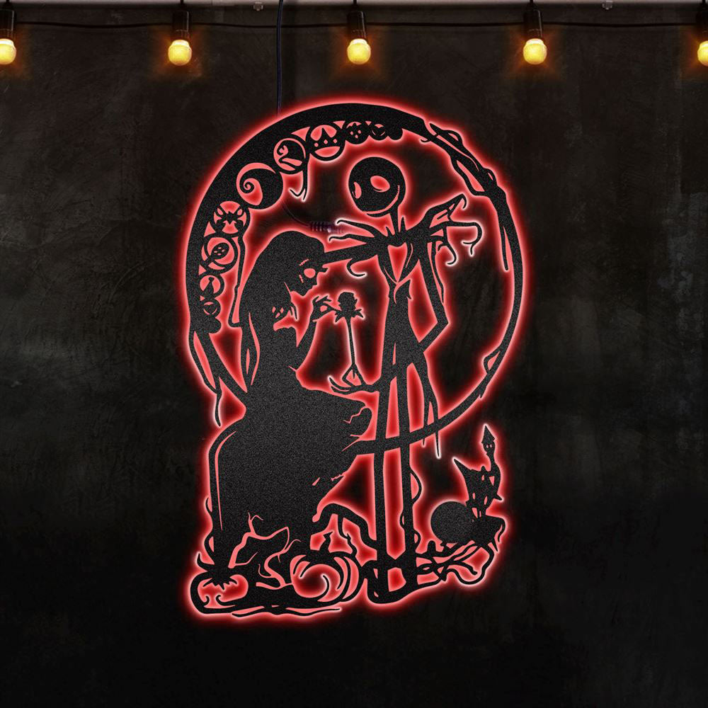 Jack and Sally Nightmare Before Christmas Afcultures RGB Led Lights Metal Wall Art, Christmas Home Decor Sign, Christmas Outdoor Metal Sign