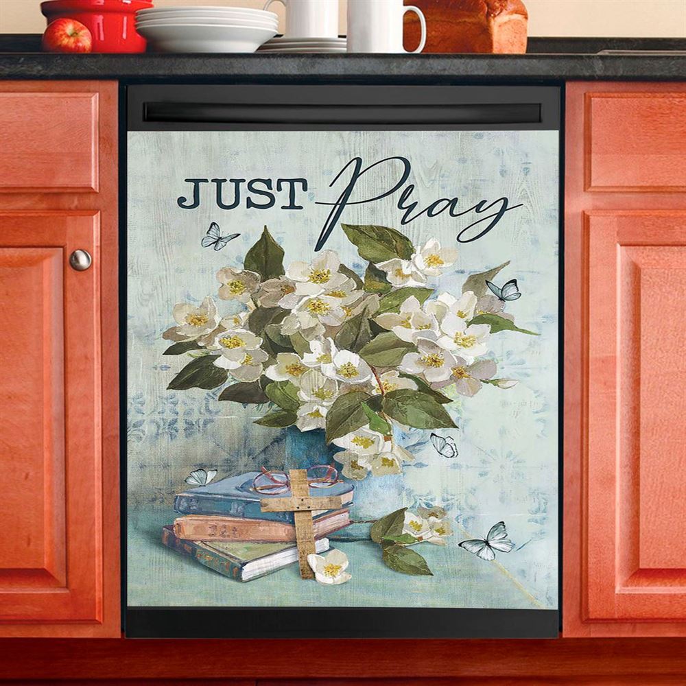 Jasmine Book Wooden Cross Just Pray Dishwasher Cover, Christian Dishwasher Stickers, Bible Verse Kitchen Decor