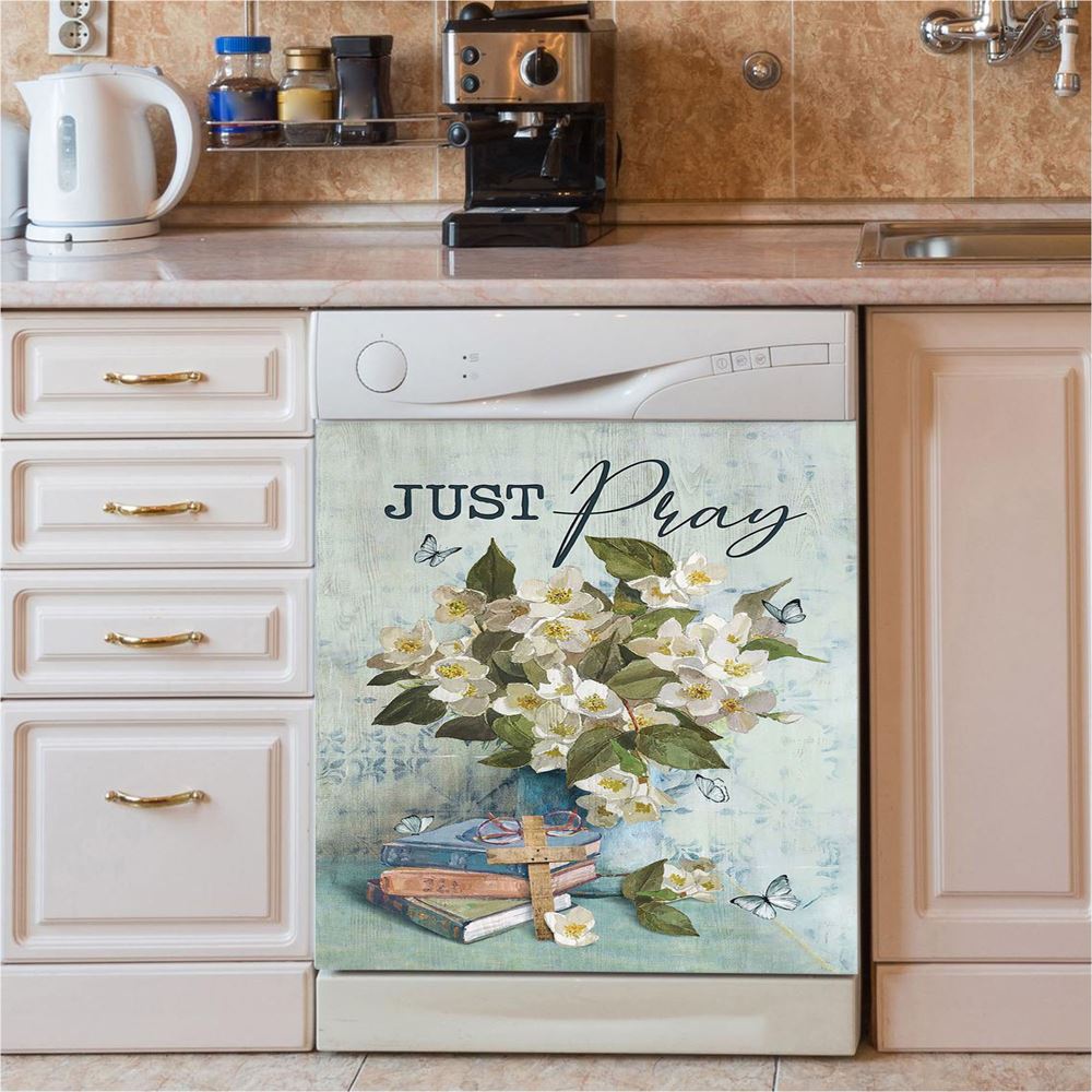 Jasmine Book Wooden Cross Just Pray Dishwasher Cover, Christian Dishwasher Stickers, Bible Verse Kitchen Decor