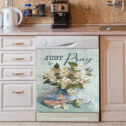 Jasmine Book Wooden Cross Just Pray Dishwasher Cover, Christian Dishwasher Stickers, Bible Verse Kitchen Decor