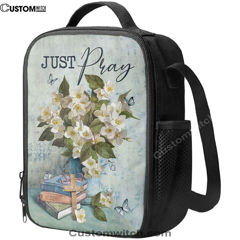 Jasmine Book Wooden Cross Just Pray Lunch Bag, Christian Lunch Bag, Religious Lunch Box For School, Picnic