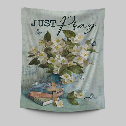 Jasmine Book Wooden Cross Just Pray Tapestry Art - Christian Art - Bible Verse Wall Art - Religious Home Decor