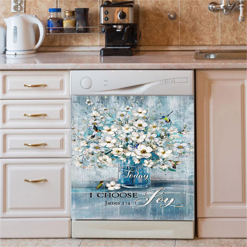 Jasmine Flower Blue Vase Hummingbird Today I Choose Joy Dishwasher Cover, Christian Dishwasher Stickers, Bible Verse Kitchen Decor