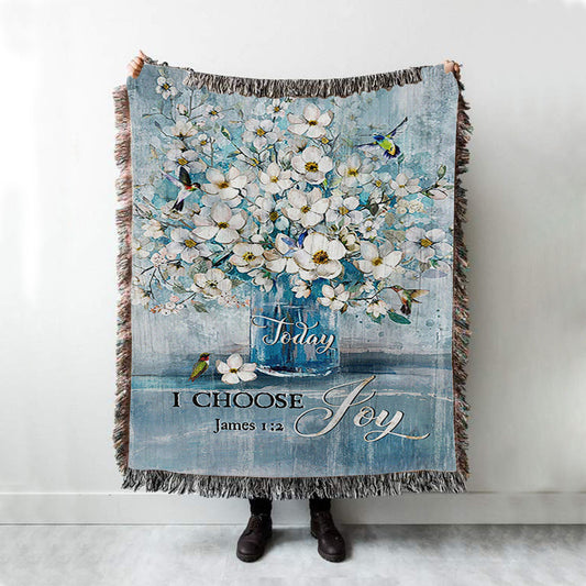 Jasmine Flower Blue Vase Hummingbird Today I Choose Joy Woven Blanket Woven Throw Blanket - Christian Woven Blanket Prints - Bible Verse Woven Blanket Art