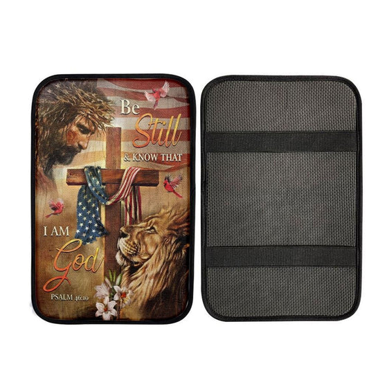 Jesus, Amazing Lion, Wooden Cross, American Flag, Be Still And Know That I Am God Car Center Console Cover, Car Armrest Pad, Armrest Box Mat