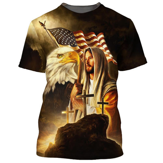 Jesus American Flag With Eagle & Cross All Over Print 3D T-Shirt, Gift For Christian, Jesus Shirt