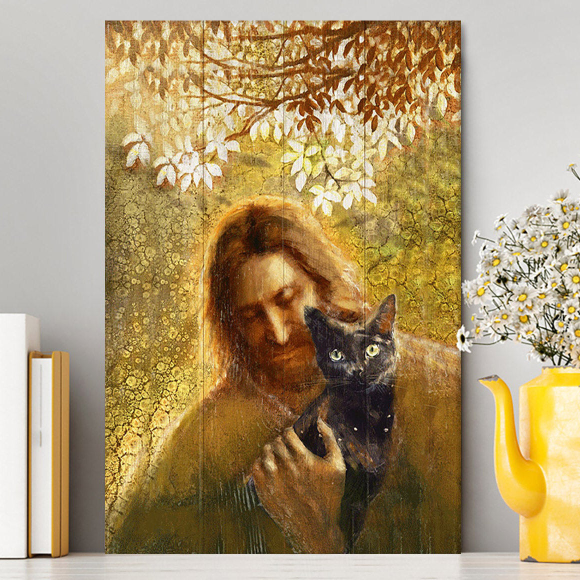 Jesus And Black Cat Canvas Wall Art - Bible Verse Canvas Art - Inspirational Art - Christian Home Decor