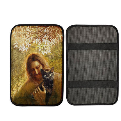 Jesus And Black Cat Car Center Console Cover, Christian Car Armrest Accessories
