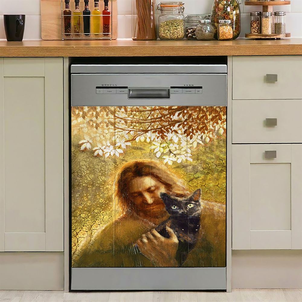 Jesus And Black Cat Dishwasher Cover, Bible Verse Dishwasher Stickers, Inspirational Kitchen Decor