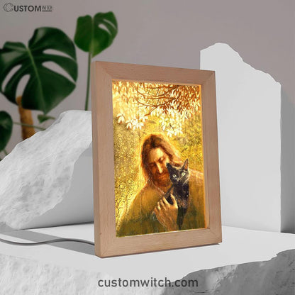 Jesus And Black Cat Frame Lamp Art - Bible Verse Wooden Lamp - Inspirational Art - Christian Home Decor