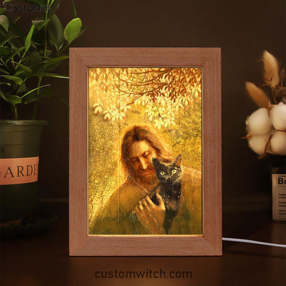 Jesus And Black Cat Frame Lamp Art - Bible Verse Wooden Lamp - Inspirational Art - Christian Home Decor