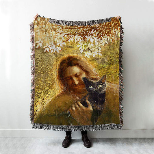 Jesus And Black Cat Woven Throw Blanket - Bible Verse Woven Blanket Art - Inspirational Art - Christian Home Decor