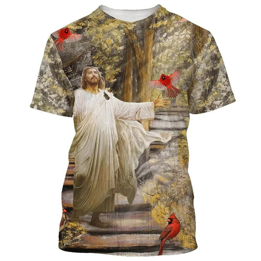 Jesus And Cardinal All Over Print 3D T-Shirt, Gift For Christian, Jesus Shirt