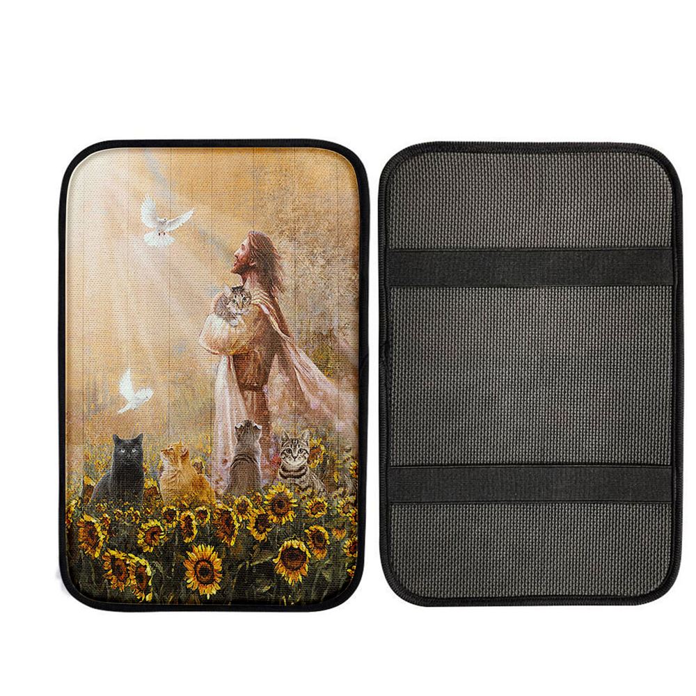 Jesus And Cat Sunflower Garden Car Center Console Cover - Gift For Cat Lover, Christian Car Armrest Accessories