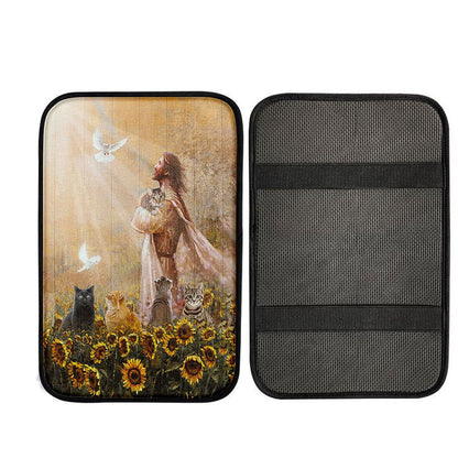 Jesus And Cat Sunflower Garden Car Center Console Cover - Gift For Cat Lover, Christian Car Armrest Accessories