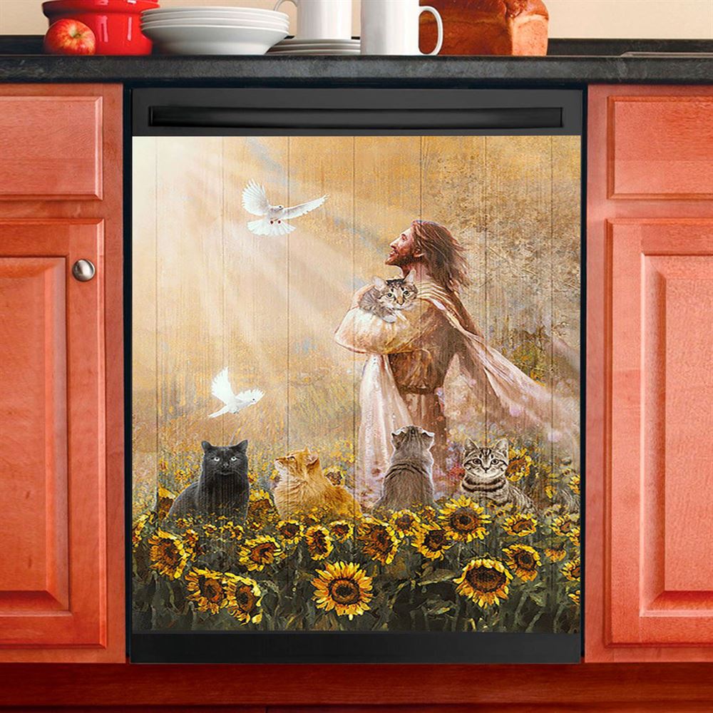 Jesus And Cat Sunflower Garden Dishwasher Cover, Christian Dishwasher Stickers, Gift For Cat Lover